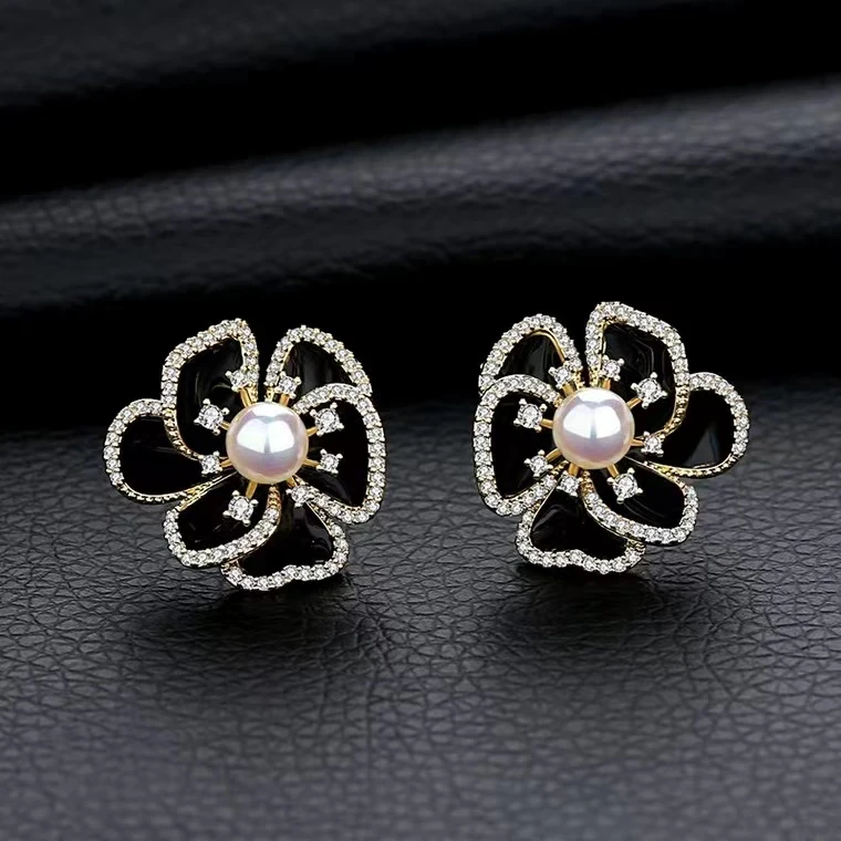 铜合金合成锆石耳饰 【黑玫瑰】时尚气质素款百搭轻奢镶嵌日韩021