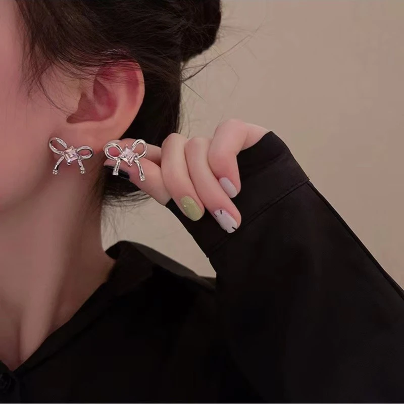 铜合金合成锆石耳饰 甜酷紫色小众感少女日韩【粉色蝴蝶结】耳环