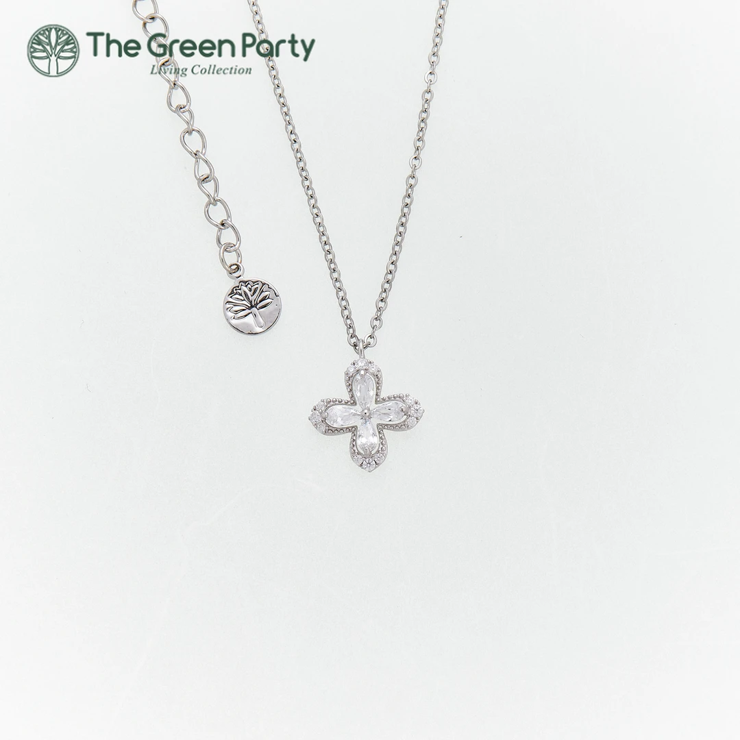 吊坠925银合成锆石 TheGreenParty带证书绿光派对十字架花朵项链
