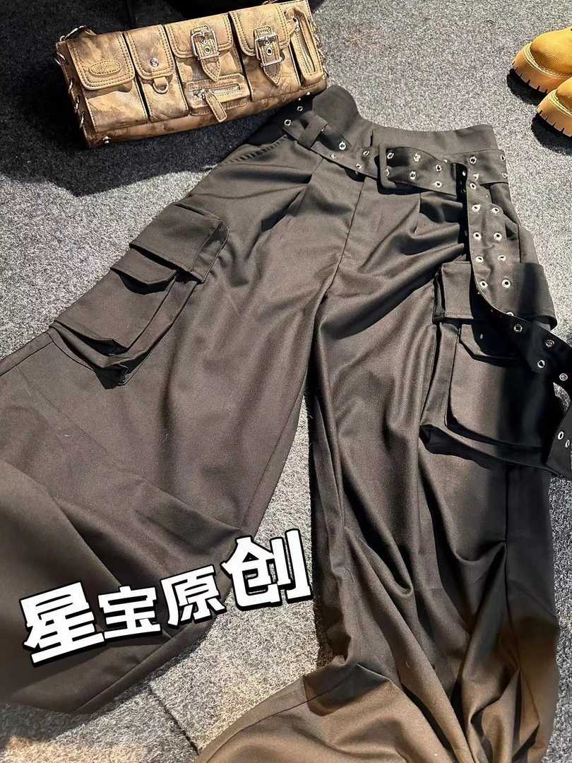 美式高街黑色重工工装裤女2024新款小众宽松阔腿裤裤子