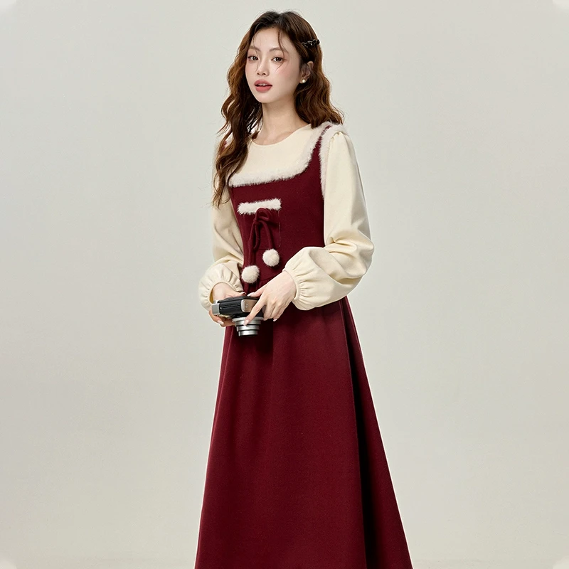 三寸藕【冬日派对】秋冬甜美红色圣诞连衣裙女装蕾丝花边新年裙子