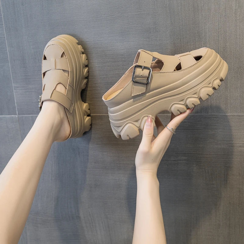 9cm松糕厚底内增高透气镂空包头拖鞋女2025网红厚底半拖鞋