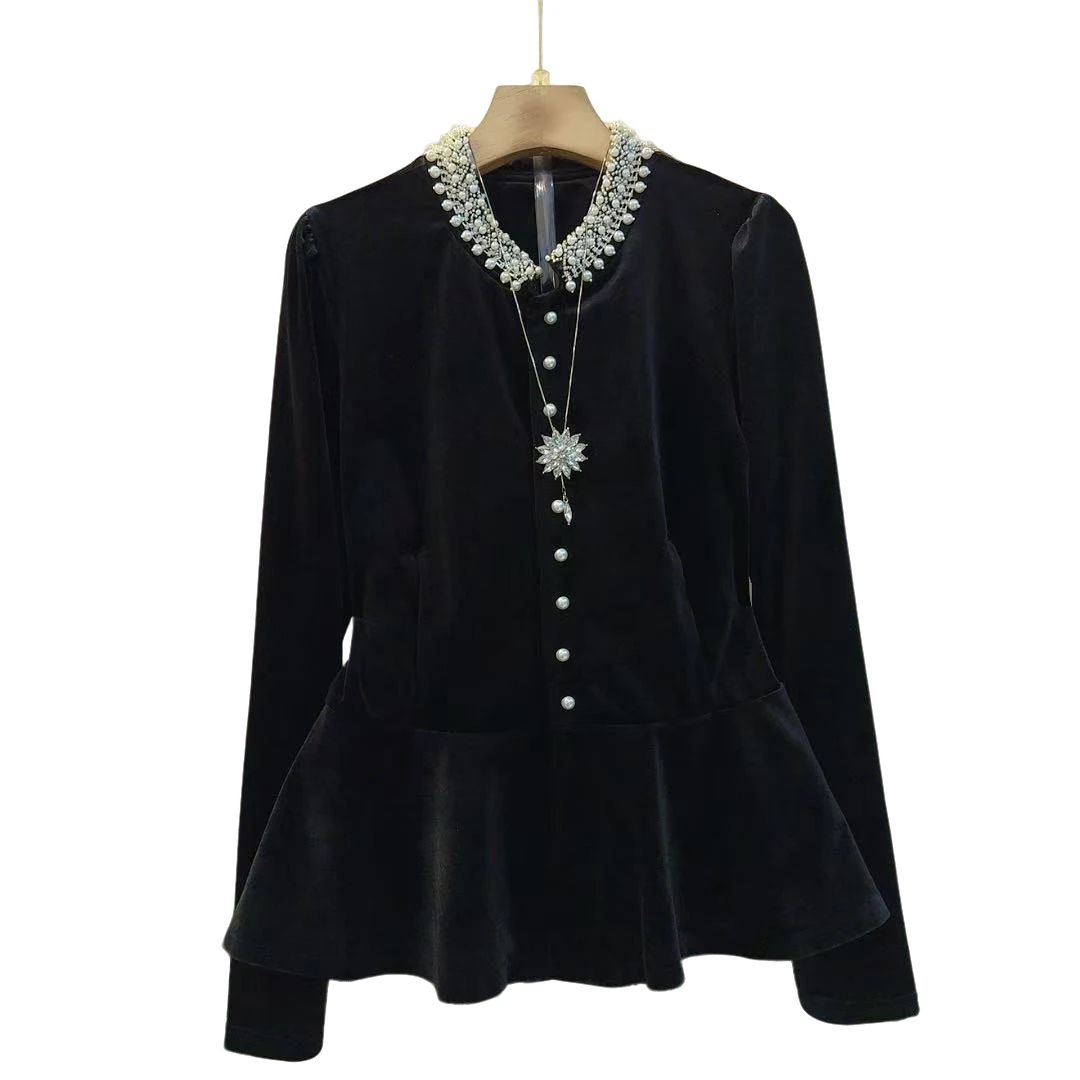 气质大码重工领丝绒拼接显瘦百搭上衣（长60左右）