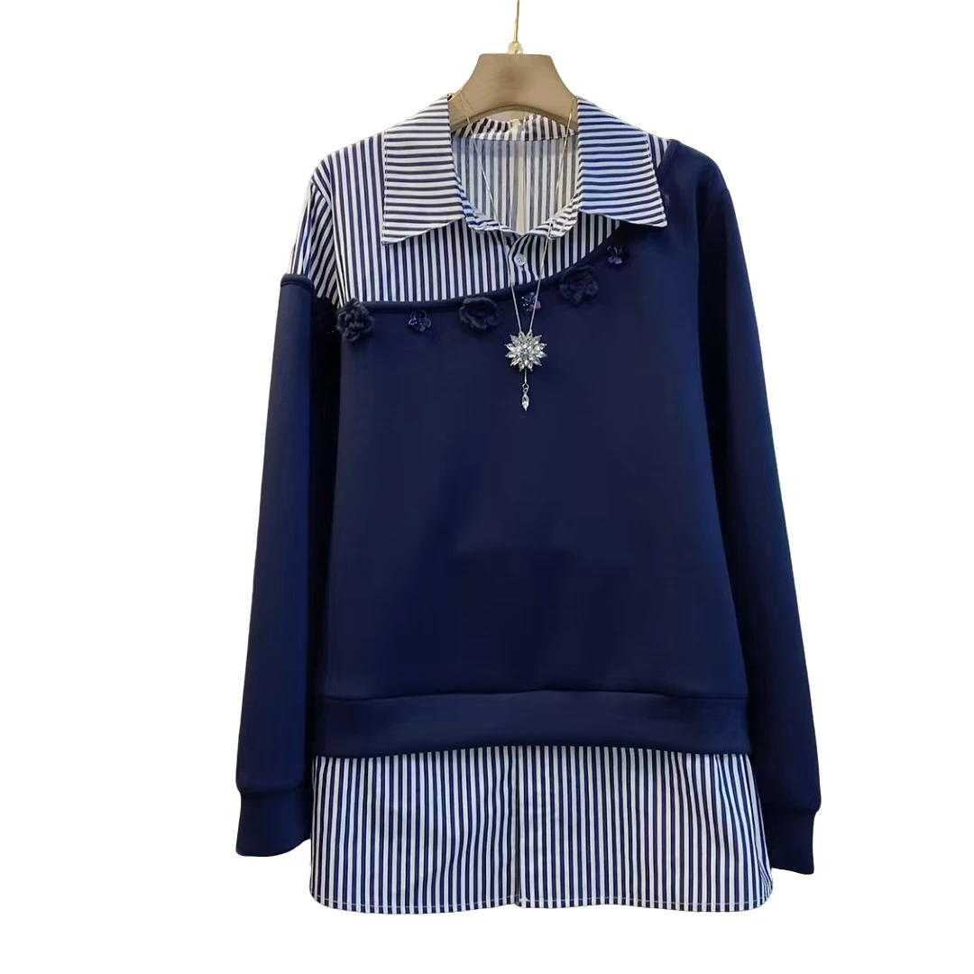 韩版时尚翻领拼接条纹显瘦假两件重工减龄上衣（长68左右）