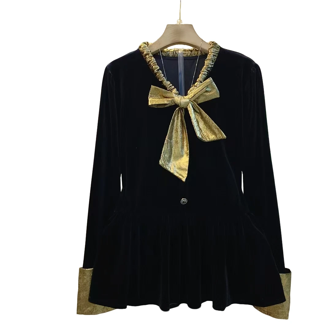 气质轻奢时尚拼接丝绒高级感显瘦百搭上衣