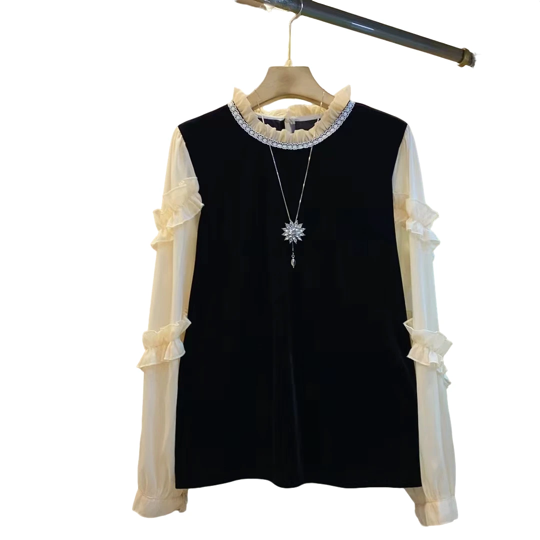 法式新款显瘦重工领丝绒拼接减龄百搭上衣