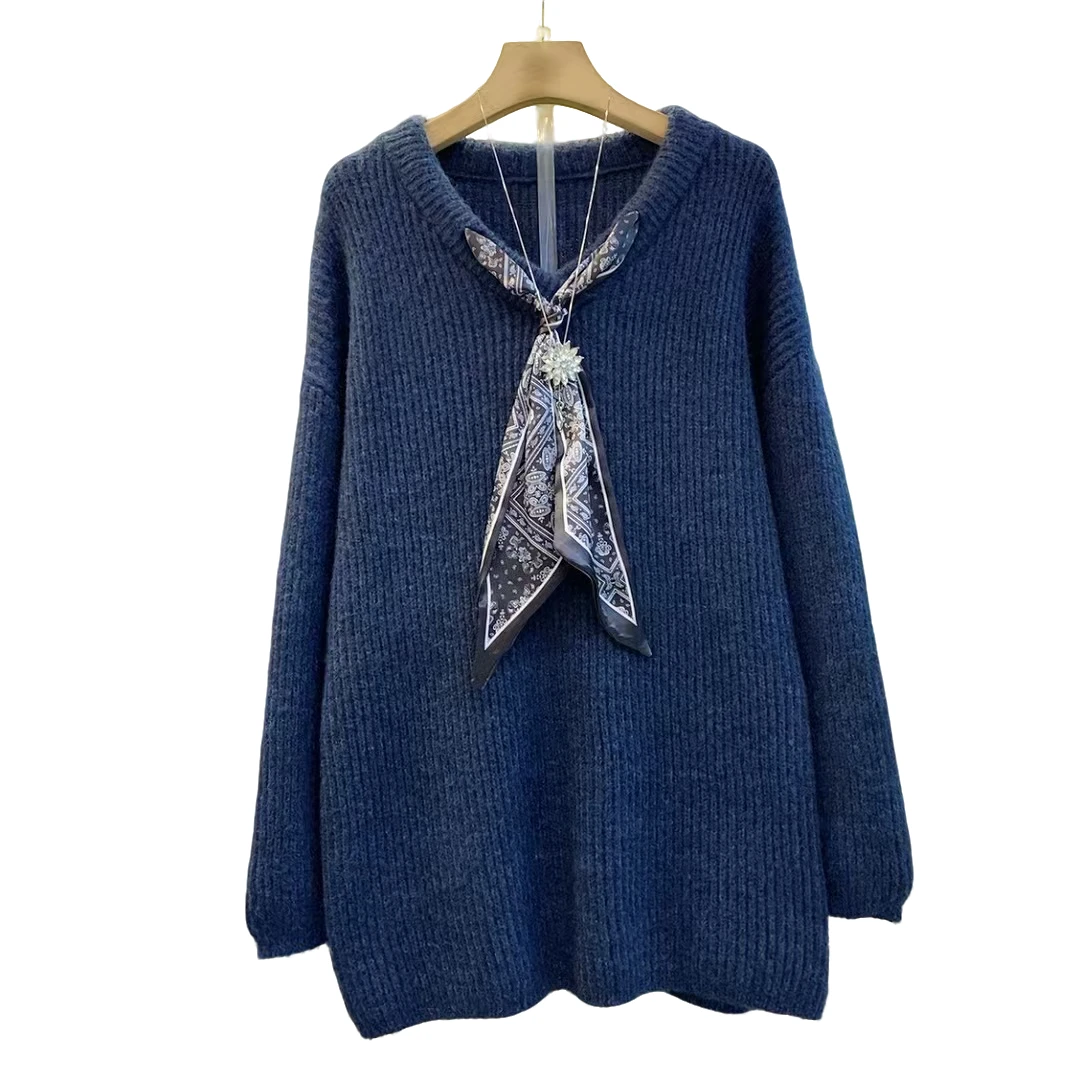 韩系宽松圆领丝带设计感时尚纯色百搭新款毛衣（长74左右）