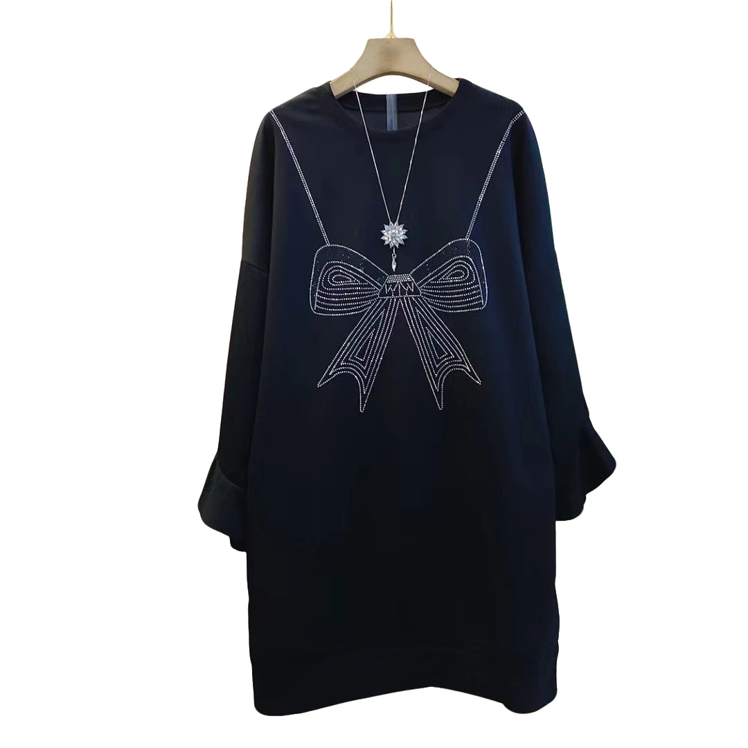 宽松时尚新款圆领重工蝴蝶结显瘦气质连衣裙