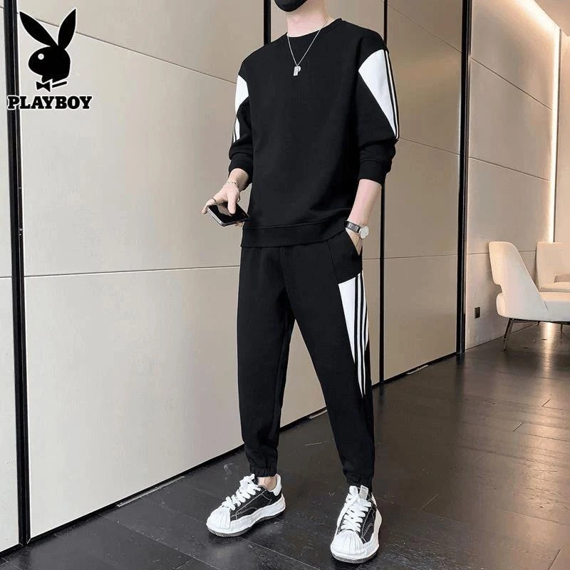 花花公子秋季休闲套装男士撞色卫衣新款潮牌搭配运动束脚长裤一套