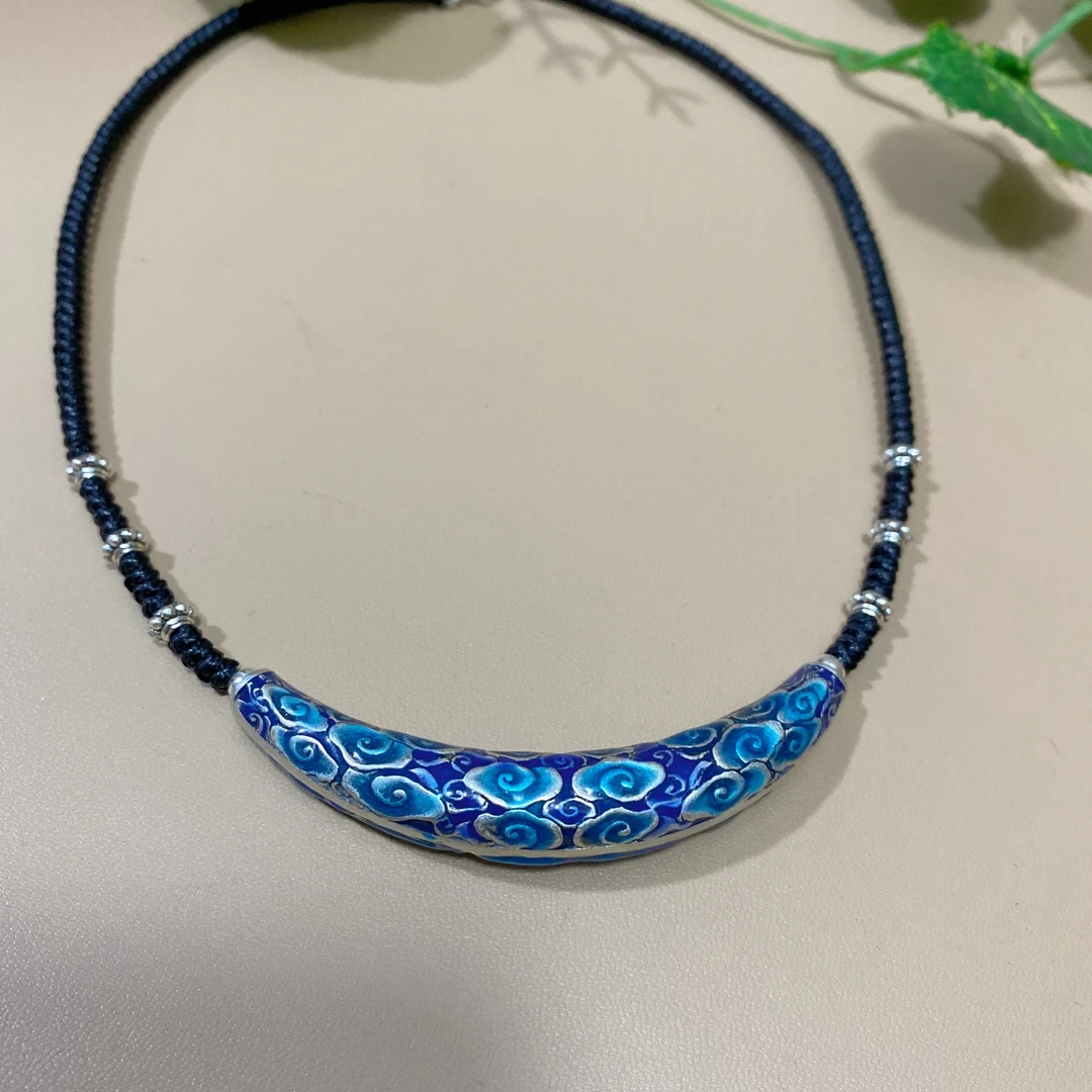 坠链均925银珐琅 【軒喜枫】纯银珐琅彩祥云弯管项链