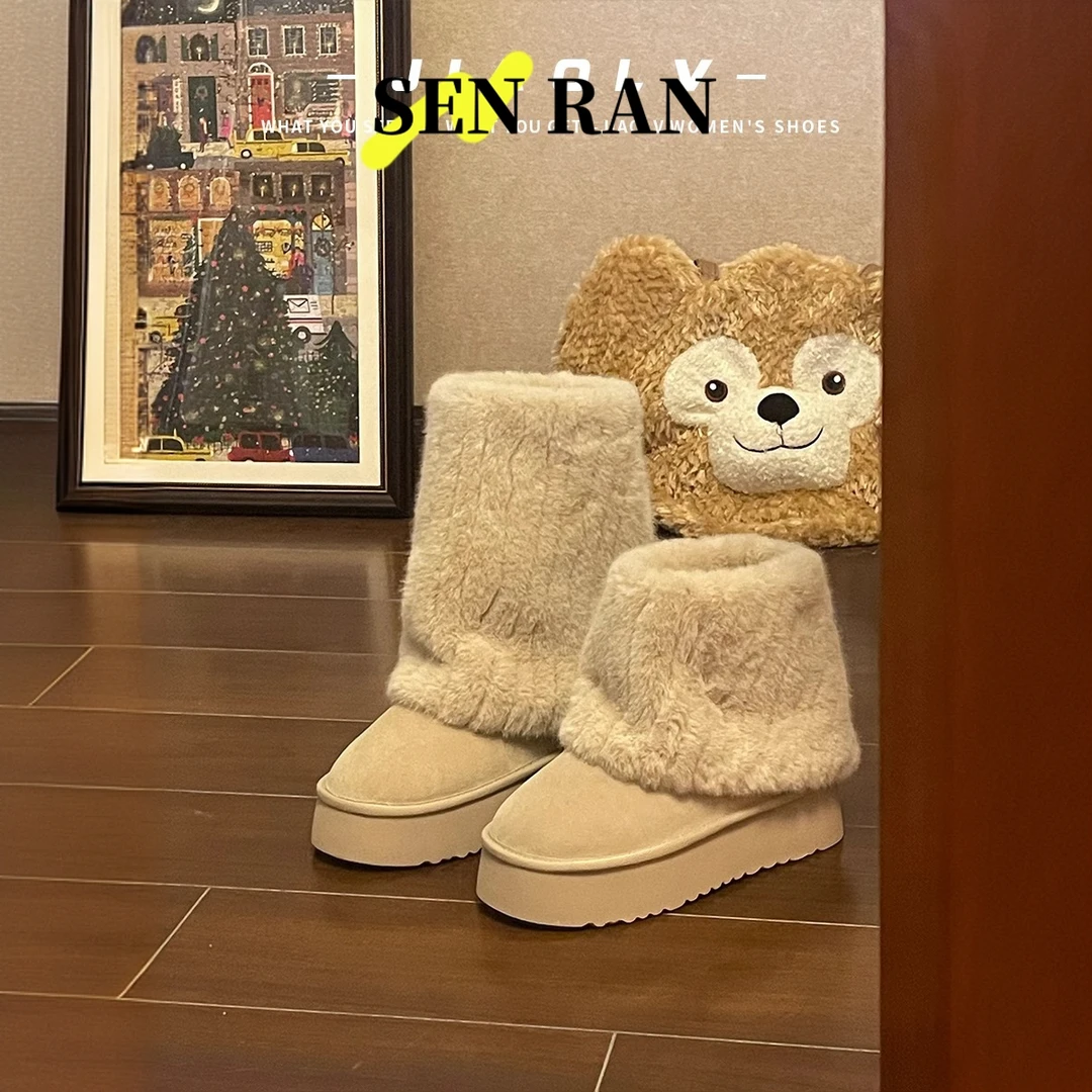 2024冰岛雪地靴女毛绒可爱奶油小众短筒保暖毛毛靴冬季厚底增高鞋
