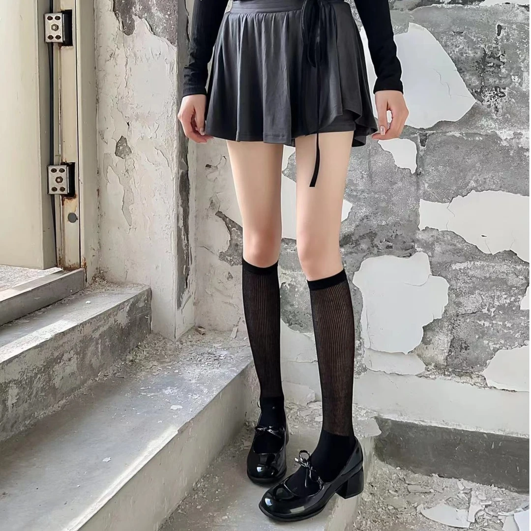 袜子女韩版长筒春夏薄款小腿袜中长薄袜jk学院风黑白百搭透气棉袜