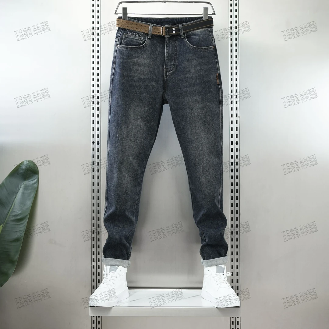 冬季加厚复古轻奢牛仔裤男美式修身时尚水洗直筒钢印休闲牛仔裤子