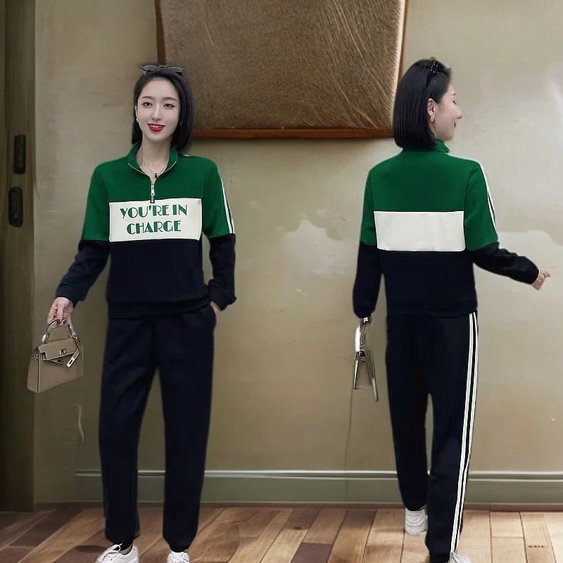 秋冬加绒半开领休闲套装女长袖卫衣长裤显瘦两件套