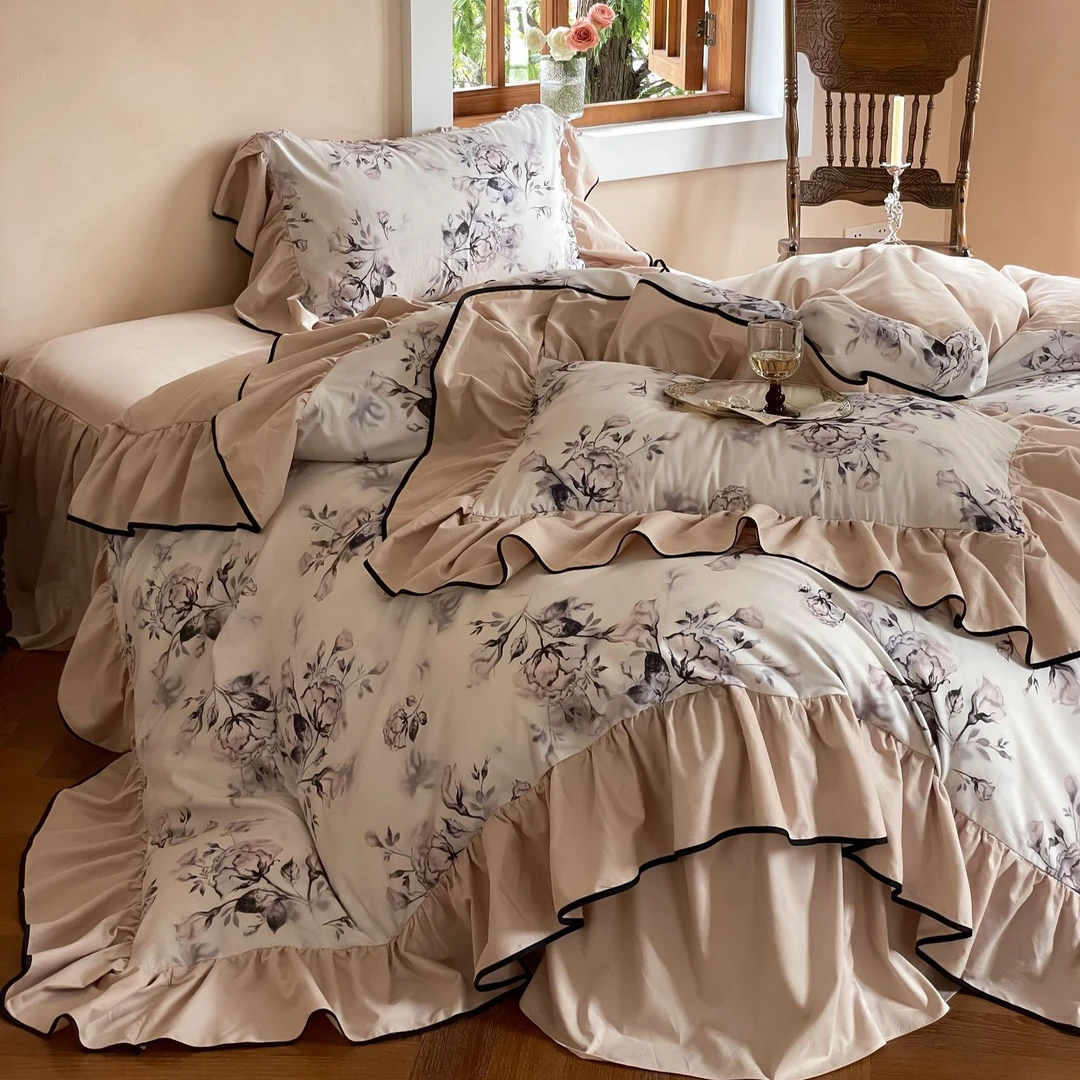 梅边Design【莱茵左岸】法式复古欧式大花边全棉贡缎磨毛高端四件套