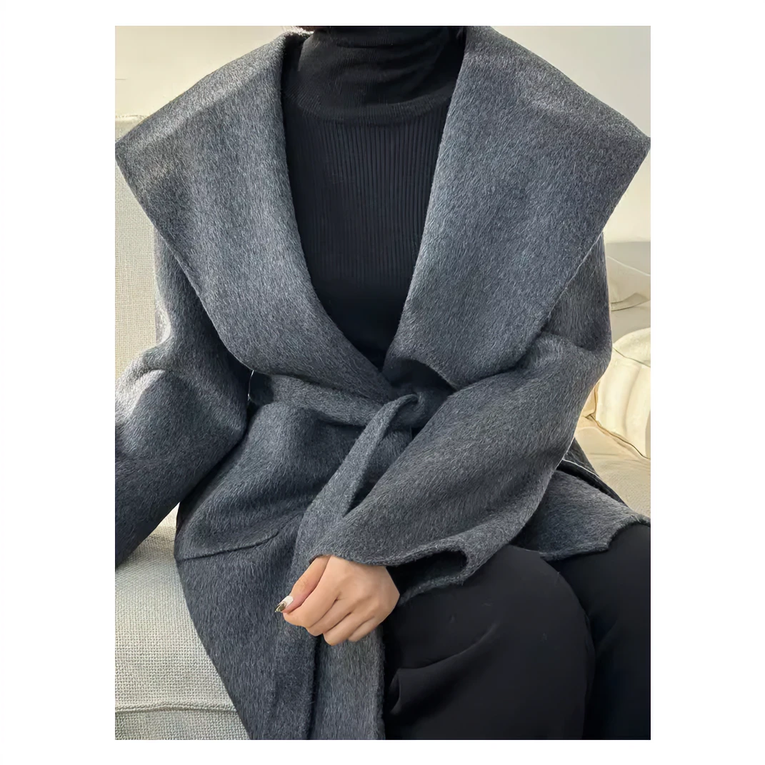 【满分冬日】气质翻领手缝羊毛韩版连帽小个子时尚宽松双面呢大衣