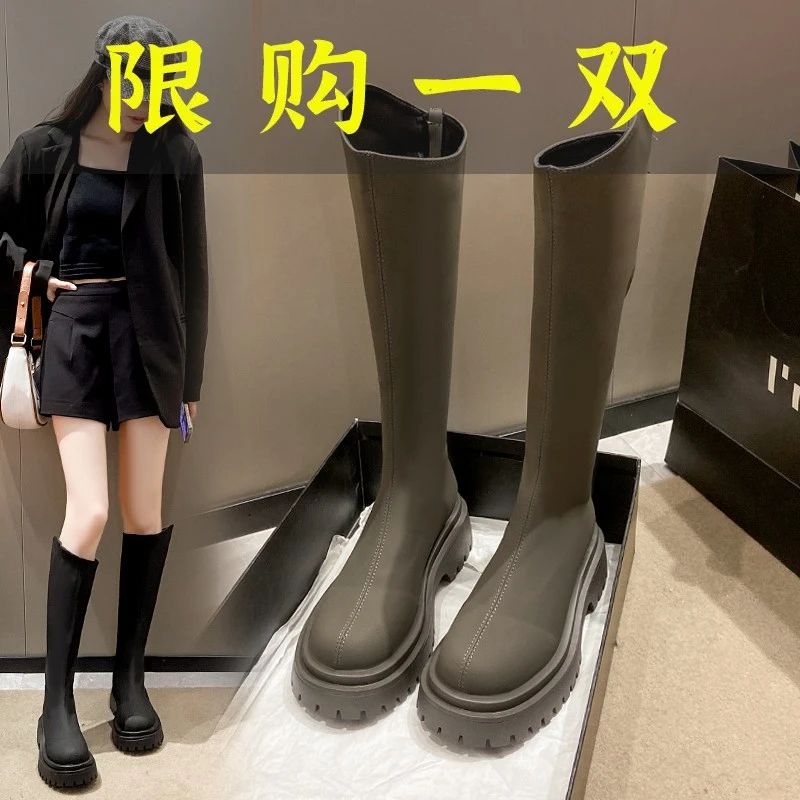 达芙妮沿荐长筒靴女今年爆款斜口高筒长靴子厚底春秋新款百搭洋气