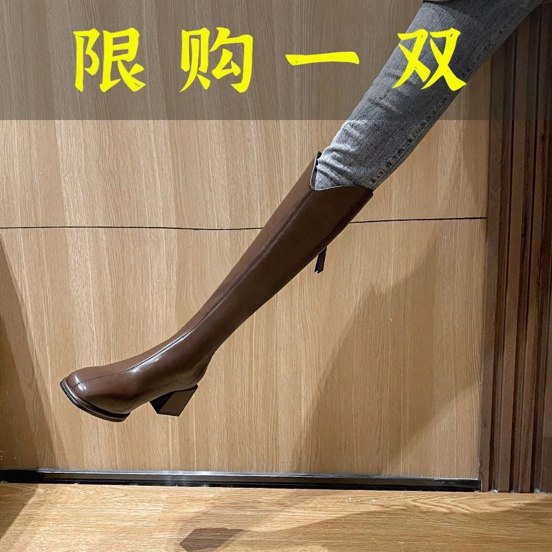 达芙妮沿荐高跟长筒靴女2023秋冬新款粗跟不过膝高筒瘦瘦靴百搭时