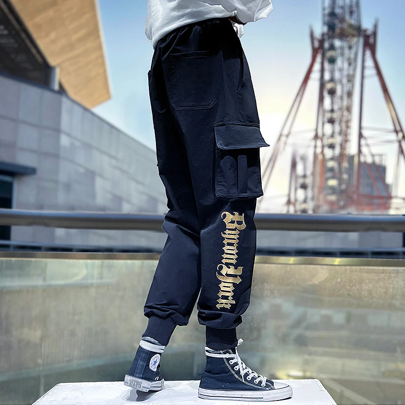 BY秋季新款潮牌工装裤百搭闪金字母烫金长裤 男女同款裤子