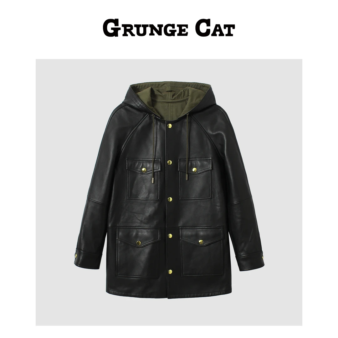 Grunge Cat女士廓形M65经典撞色皮风衣连帽加绒宽松秋冬