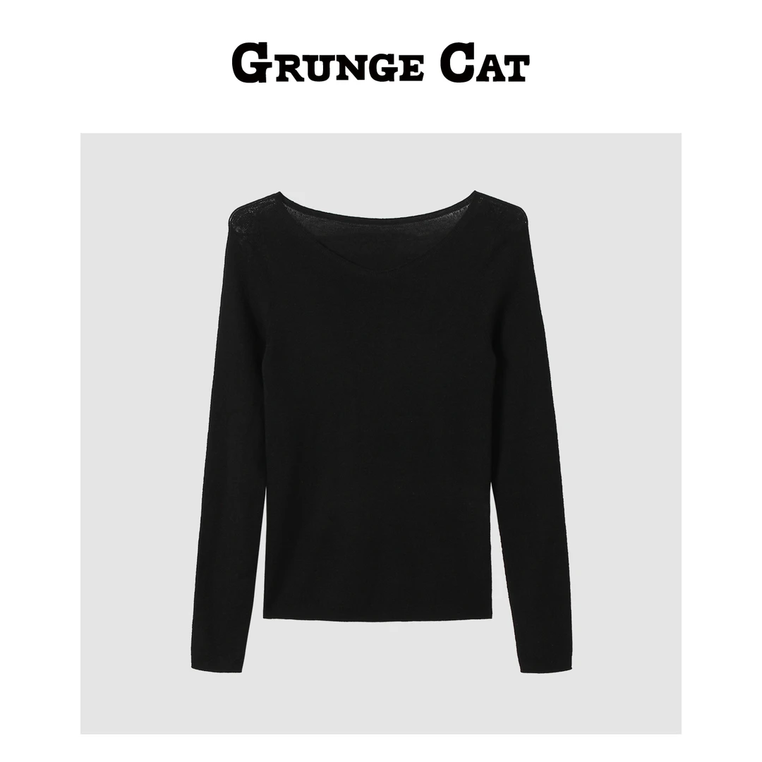 Grunge Cat女士精纺小V领羊毛衫长袖显瘦针织气质修身秋冬