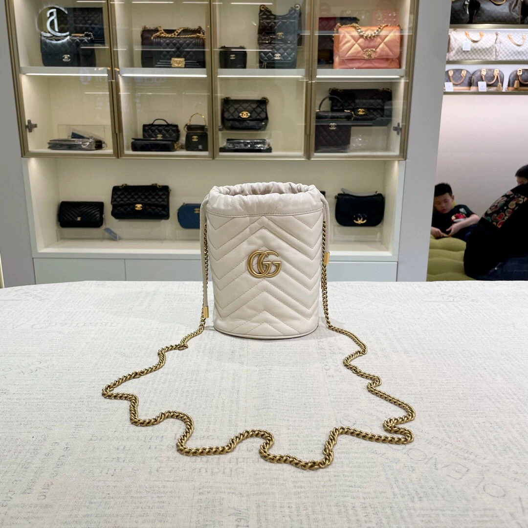 99新 GUCCI/古驰 Marmont白色水桶/0445482/链条包