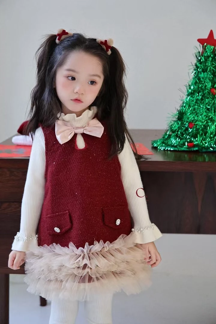 女童2024新款秋冬背心连衣裙珍珠色公主裙洋气宝宝礼服