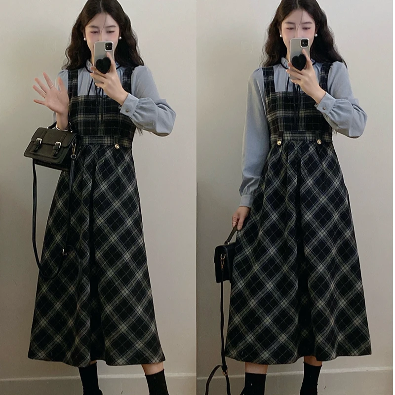 大码连衣裙2024秋装新款胖mm气质复古格子拼接假两件收腰长裙