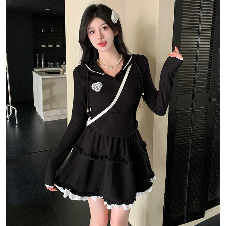 大码女装秋季纯欲风修身显瘦连帽上衣半裙女胖MM两件套套装