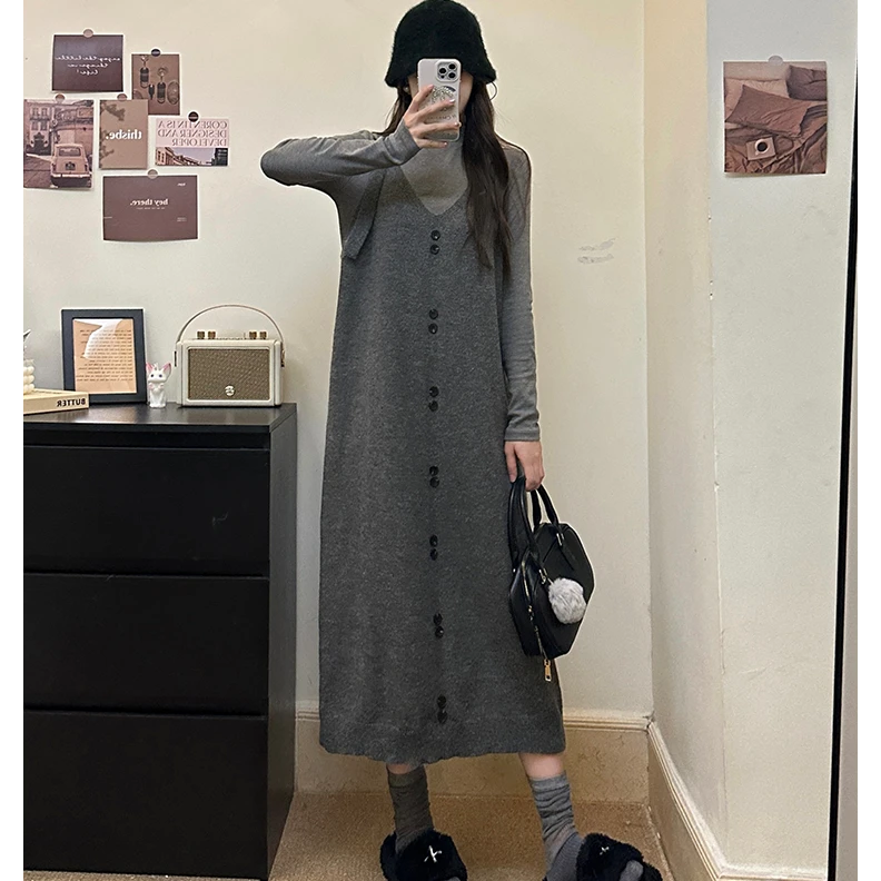 大码女装针织吊带连衣裙套装胖MM高级复古V领宽松显瘦裙子