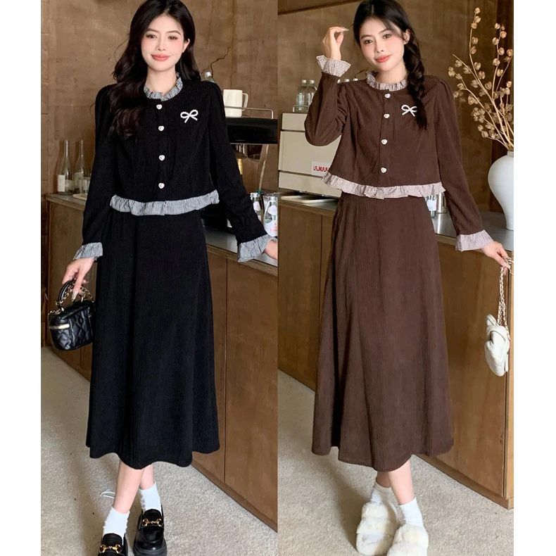 大码女装2024秋冬新款胖妹妹格纹拼接灯芯绒显瘦半身裙两件套