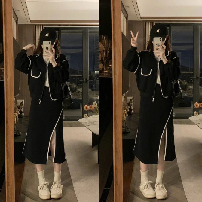 大码休闲套装女短款拉链卫衣+高腰显瘦半身长裙两件套