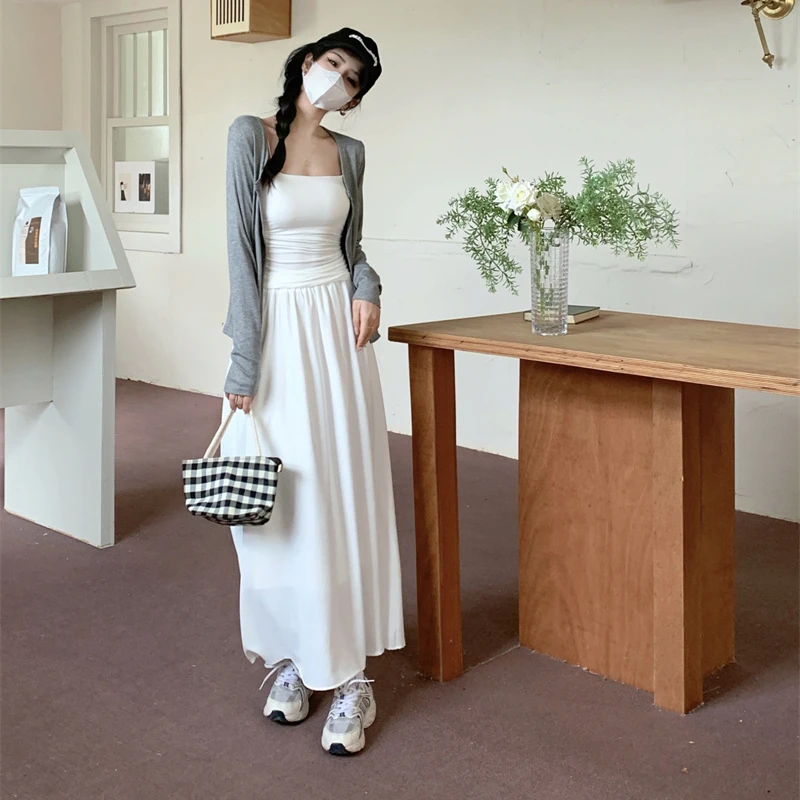 大码女装法式开衫长袖上衣高腰休闲长裙吊带背心三件套小众七