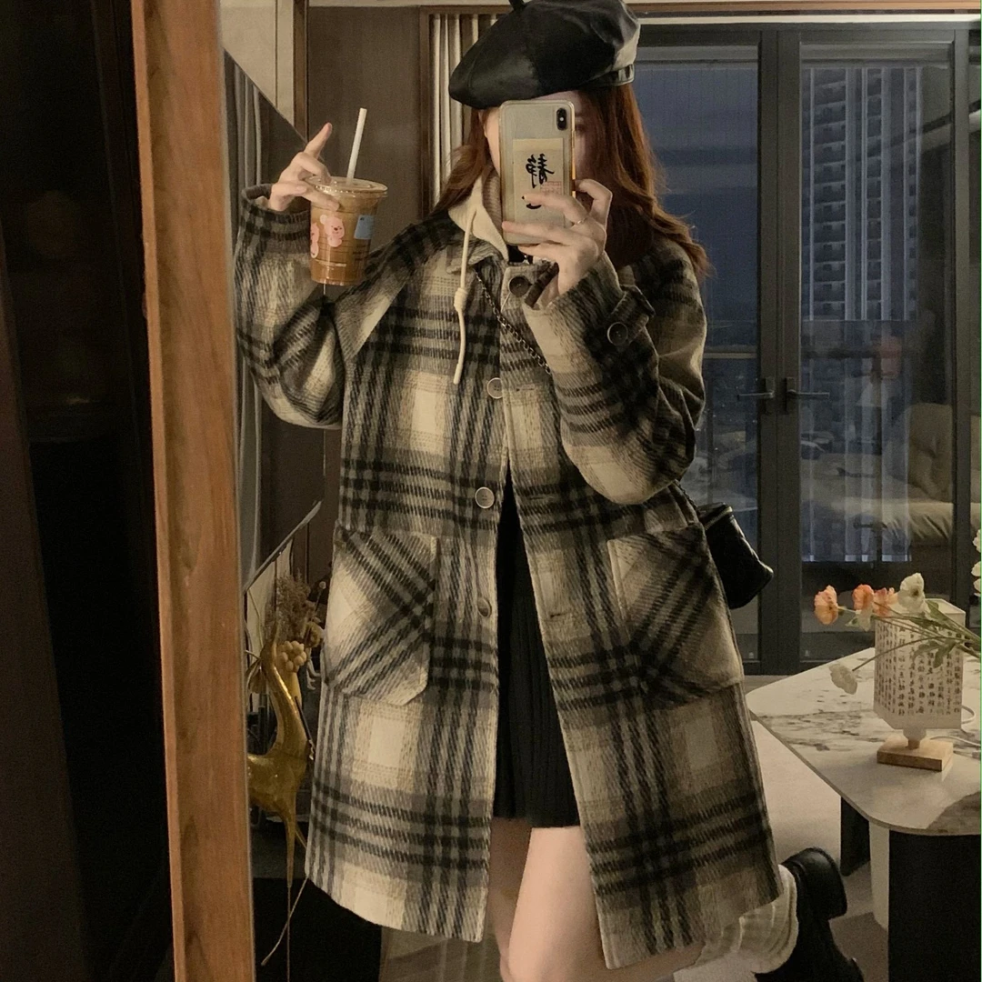 大码格子连帽毛呢外套2024秋冬新款加棉加厚宽松小香风大衣