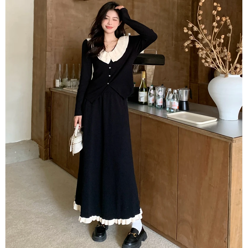 胖mm法式针织上衣黑色显瘦遮肉a字半身裙入秋穿搭法式套装