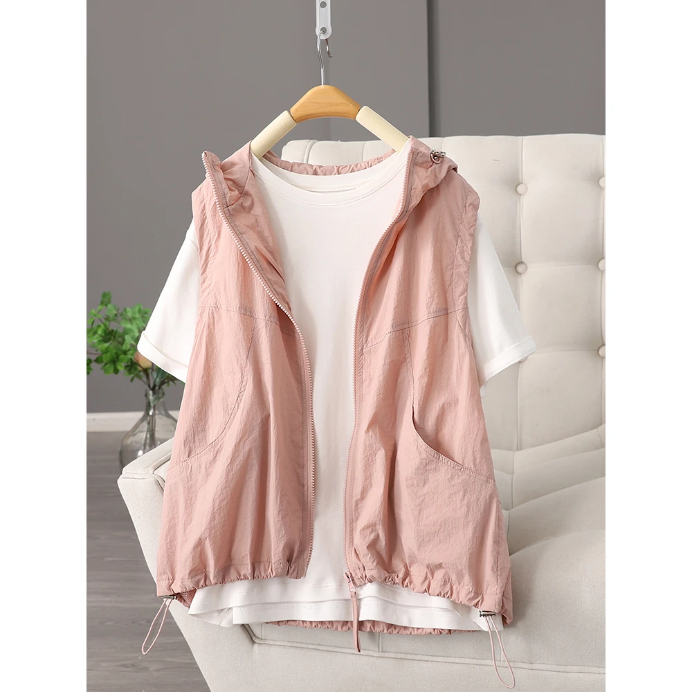 十里堡夏季薄款连帽无袖马甲防晒衣女宽松休闲坎肩时尚开衫上衣