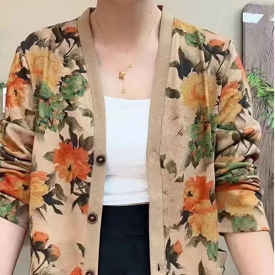 2024秋季新款洋气百搭妈妈装针织开衫外套短款休闲印花