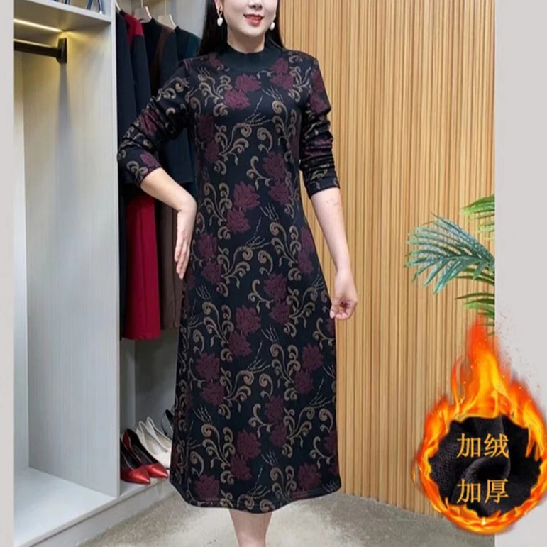 秋冬新款中长款中年妈妈装百搭加绒连衣裙保暖