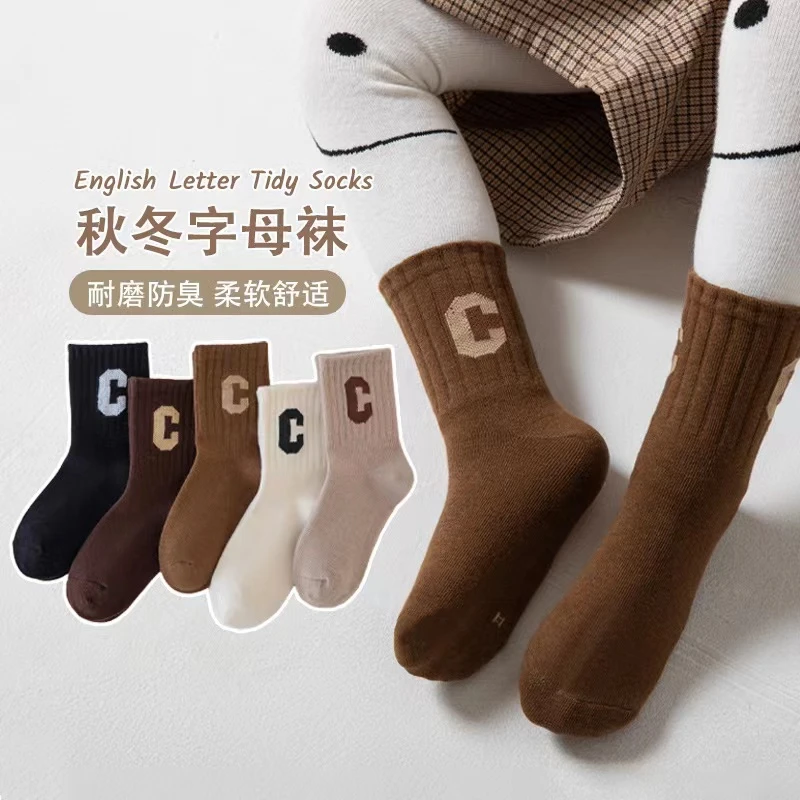 儿童袜子秋冬季韩版C字中筒袜儿童字母棉袜潮童袜春秋百搭学生袜