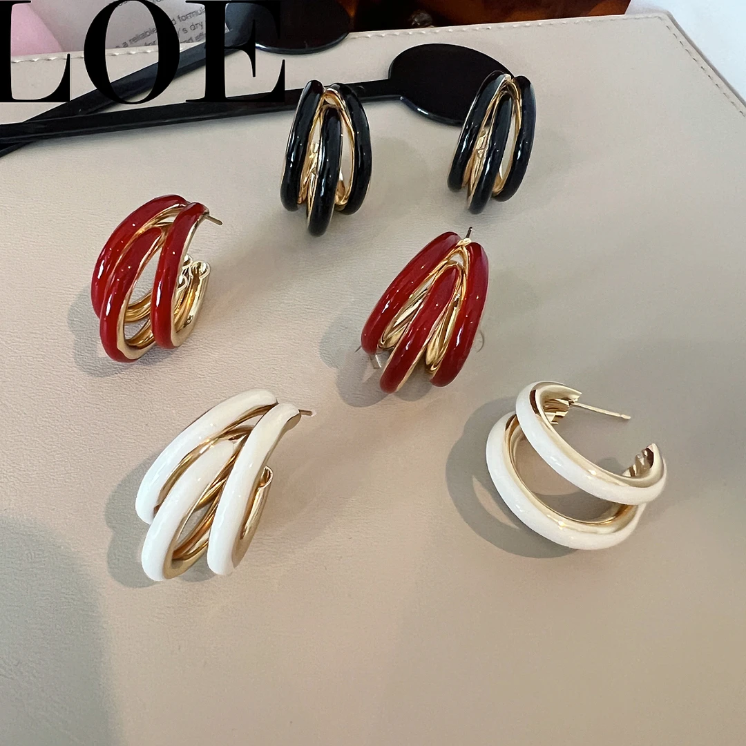 铜合金耳饰 东大门滴釉三管耳钉韩版优雅时尚百搭简约红色耳饰