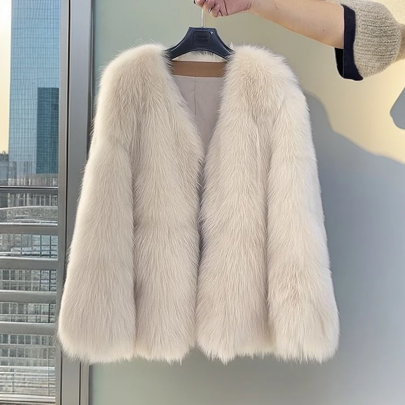 人造皮草 美拉德毛毛外套不掉毛女秋冬韩版百搭V领环保毛毛外套
