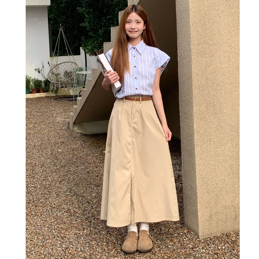 24款夏季新款休闲轻薄透气法式工装职业条纹衬衫分百搭气质套装