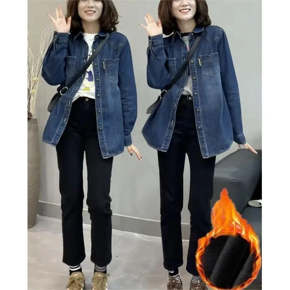 加绒牛仔衬衫长袖秋冬新款宽松2023内搭叠穿上衣休闲加厚衬衣外套