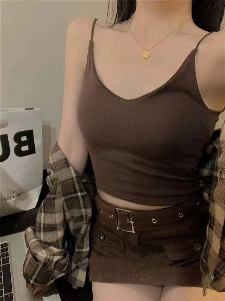 短款漏肚脐辣妹吊带背心带胸垫夏季美背外穿内搭吊带女背心网红