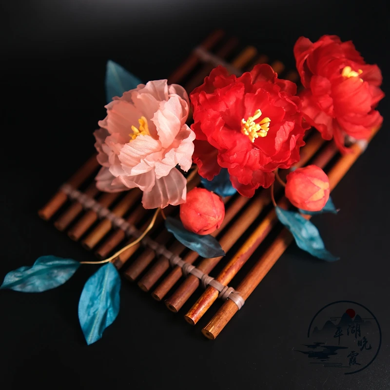 平湖晚霞古风饰品 真丝烫花石榴 红妆软簪