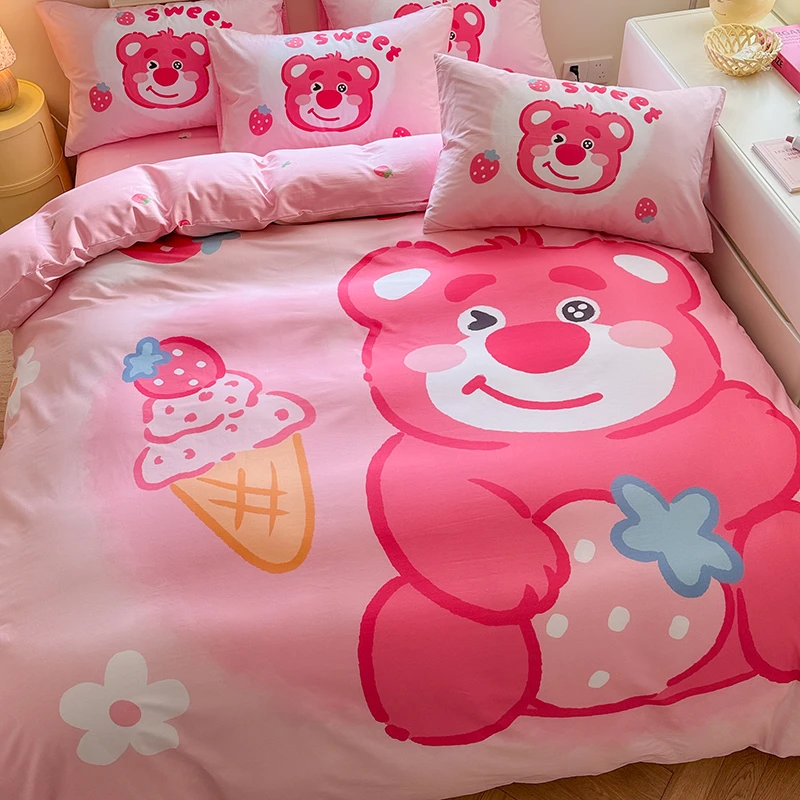 可爱草莓熊纯棉床上四件套全棉女孩儿童床品卡通被套床单人三件套
