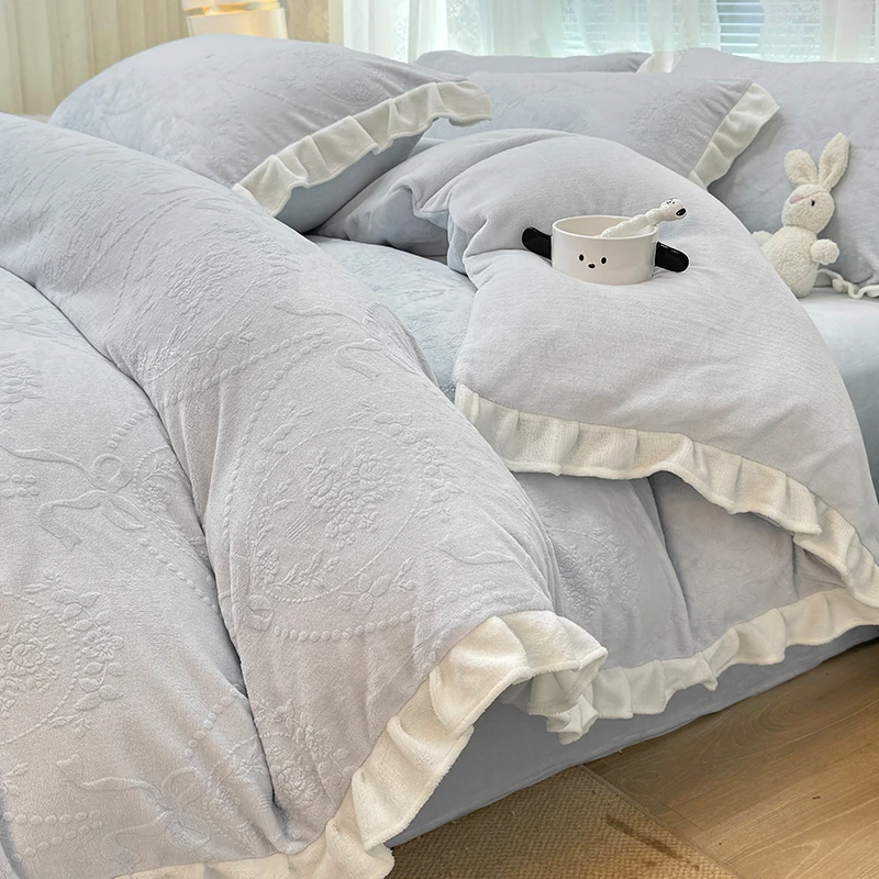 公主风雕花牛奶绒床上四件套秋冬季加厚被套罩珊瑚绒床单保暖床品