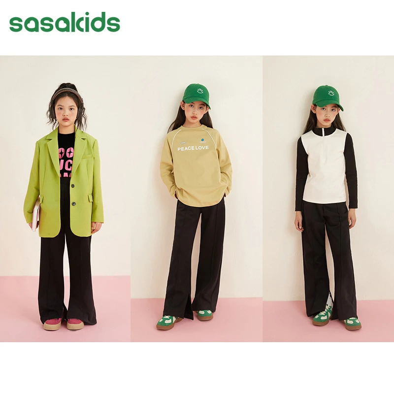 SASAKIDS 卫衣料长裤休闲裤女童春季无痕腰脚口内开衩直筒裤