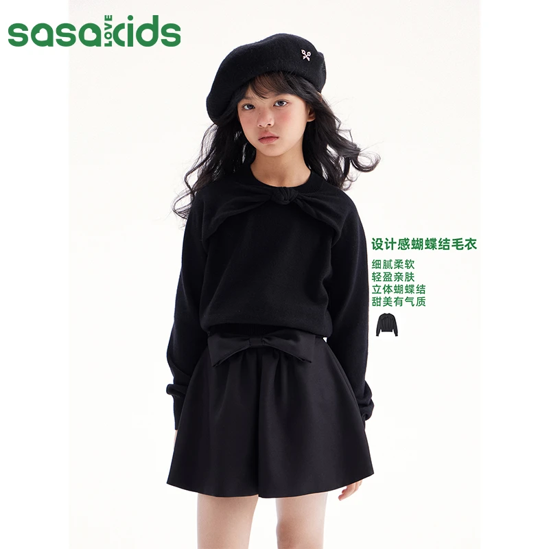SASKIDS   亲肤羊毛混纺抗起球经典黑色立体蝴蝶结毛衣