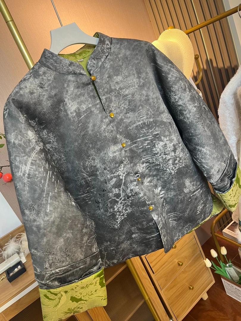 舒衣社自制 新中式国风棉服双面穿冬季新款提花时尚气质百搭外套